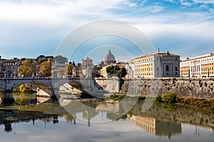 Rome - View from Aurelius Bridge (Ponte Sisto Bridge) on St Peters Basilica in Vatican during daytime.