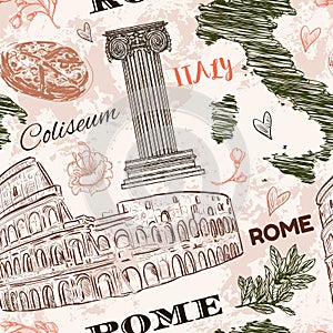 Rome. Vintage seamless pattern with Coliseum, Italy map, classic style column and flowers on grunge background