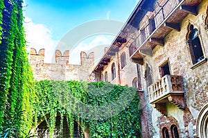 Romeo and Juliet balcony in Verona, Italy during summer day and blue sky.