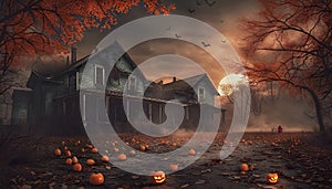 Romero movies styled Halloween greetings card with abandoned house, bat and pumpkins photo