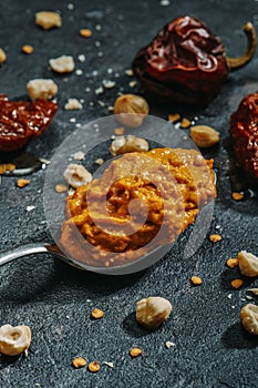 Romesco sauce, typical of Catalonia, in a spoon photo