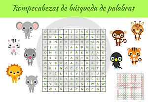 Rompecabezas de bÃÂºsqueda de palabras - Word search puzzle. Educational game for study Spanish words. Kids activity worksheet photo