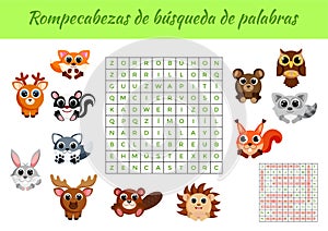 Rompecabezas de bÃÂºsqueda de palabras - Word search puzzle. Educational game for study Spanish words. Kids activity worksheet photo