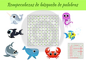 Rompecabezas de bÃÂºsqueda de palabras - Word search puzzle. Educational game for study Spanish words. Kids activity worksheet photo