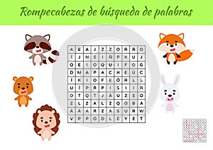 Rompecabezas de bÃÂºsqueda de palabras - Word search puzzle. Educational game for study Spanish words. Kids activity worksheet photo