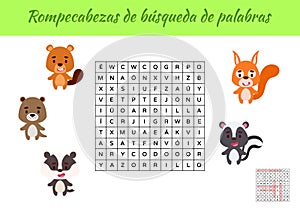 Rompecabezas de bÃÂºsqueda de palabras - Word search puzzle. Educational game for study Spanish words. Kids activity worksheet photo