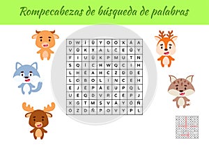 Rompecabezas de bÃÂºsqueda de palabras - Word search puzzle. Educational game for study Spanish words. Kids activity worksheet photo