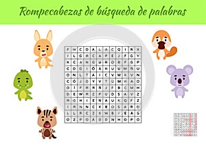 Rompecabezas de bÃÂºsqueda de palabras - Word search puzzle. Educational game for study Spanish words. Kids activity worksheet photo