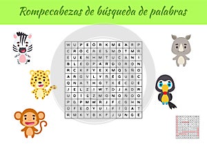 Rompecabezas de bÃÂºsqueda de palabras - Word search puzzle. Educational game for study Spanish words. Kids activity worksheet photo