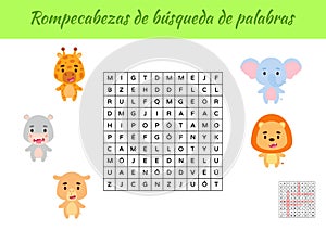 Rompecabezas de bÃÂºsqueda de palabras - Word search puzzle. Educational game for study Spanish words. Kids activity worksheet photo