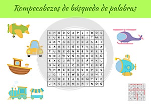 Rompecabezas de bÃÂºsqueda de palabras - Word search puzzle. Educational game for study Spanish words. Kids activity worksheet photo