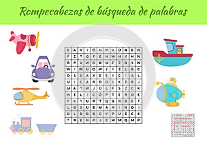 Rompecabezas de bÃÂºsqueda de palabras - Word search puzzle. Educational game for study Spanish words. Kids activity worksheet photo