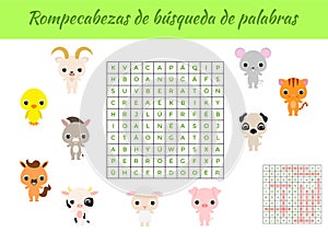 Rompecabezas de bÃºsqueda de palabras - Word search puzzle. Educational game for study Spanish words. Kids activity worksheet