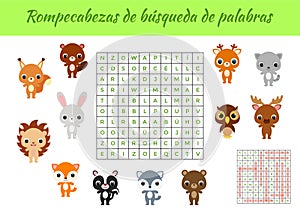 Rompecabezas de bÃºsqueda de palabras - Word search puzzle. Educational game for study Spanish words. Kids activity worksheet