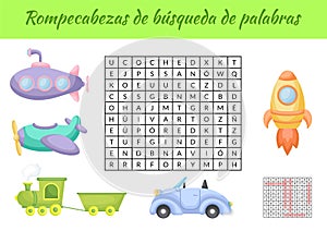 Rompecabezas de bÃºsqueda de palabras - Word search puzzle. Educational game for study Spanish words. Kids activity worksheet