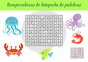 Rompecabezas de bÃºsqueda de palabras - Word search puzzle. Educational game for study Spanish words. Kids activity worksheet