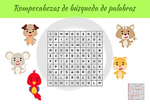 Rompecabezas de bÃºsqueda de palabras - Word search puzzle. Educational game for study Spanish words. Kids activity worksheet