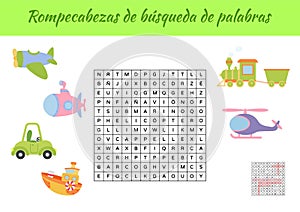 Rompecabezas de bÃºsqueda de palabras - Word search puzzle. Educational game for study Spanish words. Kids activity worksheet