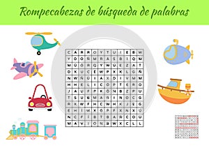 Rompecabezas de bÃºsqueda de palabras - Word search puzzle. Educational game for study Spanish words. Kids activity worksheet