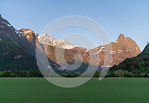 Romsdalsalpane or the Romsdal Alps a mountain range surrounding the Romsdalen valley in MÃ¸re og Romsdal county, Norway.,