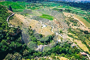 Ronda town and valley, Andalusia, Spain. Popular landmark. Tourist attraction at sunset light, place to visit. View from