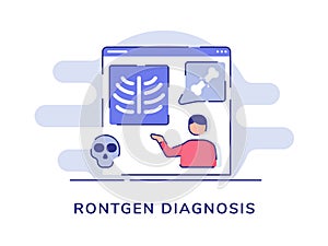 Rontgen diagnosis concept men present bone fracture on display computer screen white isolated background with flat style