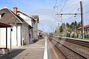 Roodt, Luxembourg - 03 22 2024: Station of Roodt with two railroad lines and electric upper supply