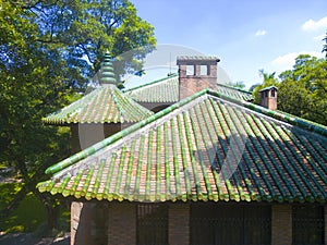 The roof of Ancient red brick building (BLACK STONE HOUSE) in Sun Yat-Sen University
