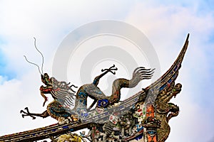 Roof artwork, sculpture of dragon on Longshan Temple, Taipei, Taiwan