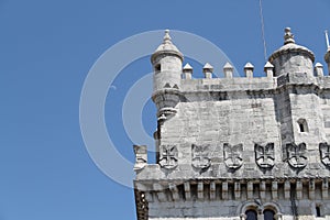 The roof of BelÃ©m Tower and the moon, Lisbon, Portugal