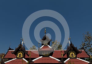 Roof of buddhist temple with deep blue sky background