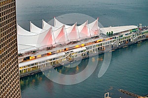 The Roof of Canada Place with White Sails in Vancouver Harbour, Canada. Aerial view at night