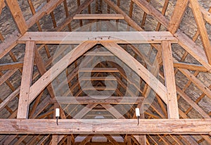 Roof ceiling structure in replica house, historic Jamestowne, VA, USA