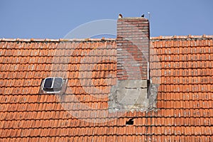 Roof, chimney, skylights, reddish bricks