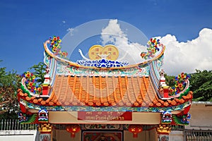 Roof of Chinese temple against blue sky