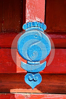 Roof close up with blue yin and yang and moon crescent in Erdene Zuu Khiid Monastery, Orkhon Valley Karakorum, Mongolia.