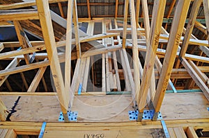 A roof connection in a radiata pine building frame photo