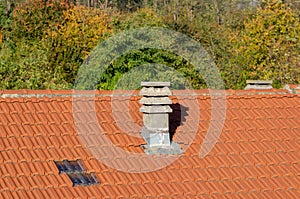 roof and construction detail, double-pitched roof with self-locking tiles, with glass tiles to give interior light