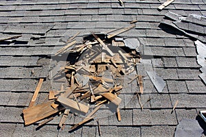 Roof construction site. Removal of old roof, replacement with new shingles, equipment and repair. Roofs are a very important part