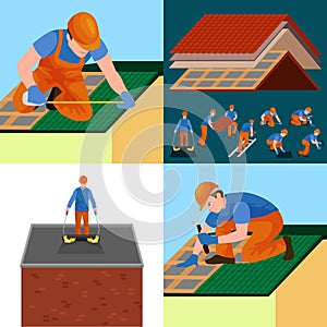 Roof construction worker repair home, build structure fixing rooftop tile house with labor equipment, roofer men with