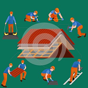 Roof construction worker repair home, build structure fixing rooftop tile house with labor equipment, roofer men with