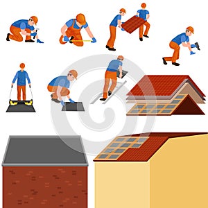 Roof construction worker repair home, build structure fixing rooftop tile house with labor equipment, roofer men with