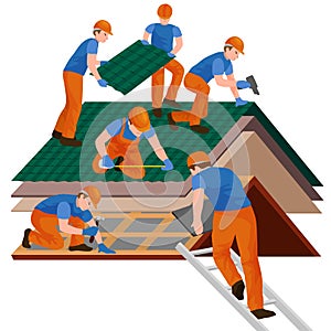 Roof construction worker repair home, build structure fixing rooftop tile house with labor equipment, roofer men with