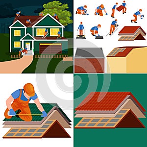 Roof construction worker repair home, build structure fixing rooftop tile house with labor equipment, roofer men with