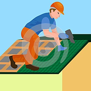 Roof construction worker repair home, build structure fixing rooftop tile house with labor equipment, roofer men with