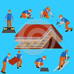 Roof construction worker repair home, build structure fixing rooftop tile house with labor equipment, roofer men with