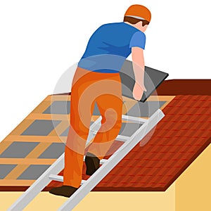 Roof construction worker repair home, build structure fixing rooftop tile house with labor equipment, roofer men with