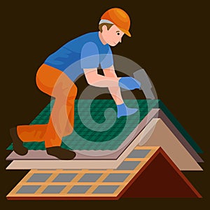 Roof construction worker repair home, build structure fixing rooftop tile house with labor equipment, roofer men with