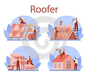 Roof construction worker set. Building fixing and house renovation.