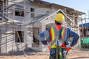 Roof construction, Working at height equipment for worker to install the roof. Fall arrestor device for worker with hooks for